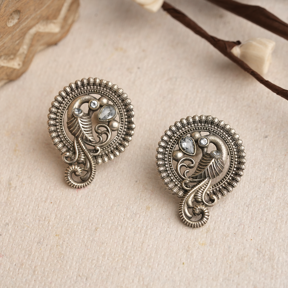 MorRatna- Silver Brass Stone-Studded Stud Earrings(White)