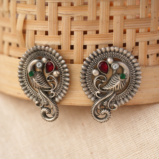 MorRatna- Silver Brass Stone-Studded Stud Earrings(Multicoloured)