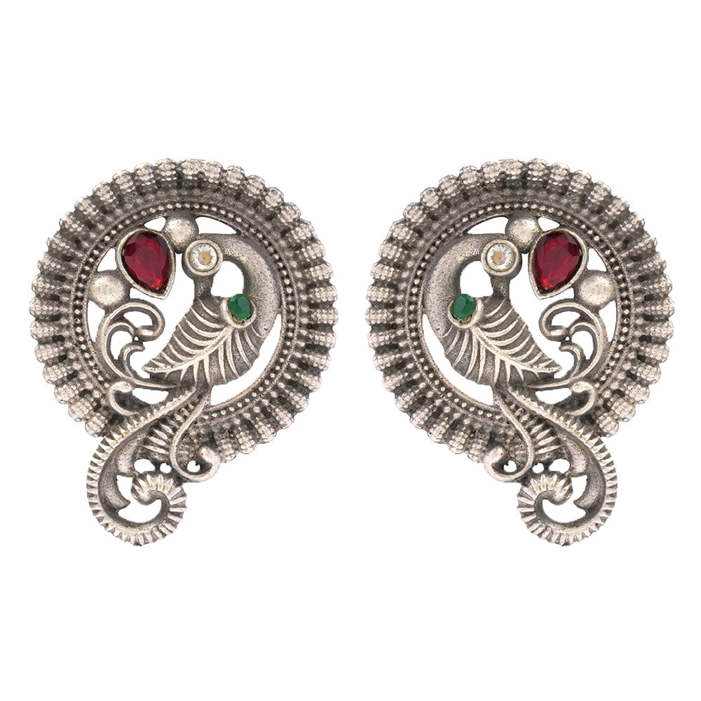 MorRatna- Silver Brass Stone-Studded Stud Earrings(Multicoloured)