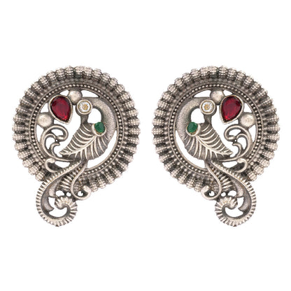 MorRatna- Silver Brass Stone-Studded Stud Earrings(Multicoloured)