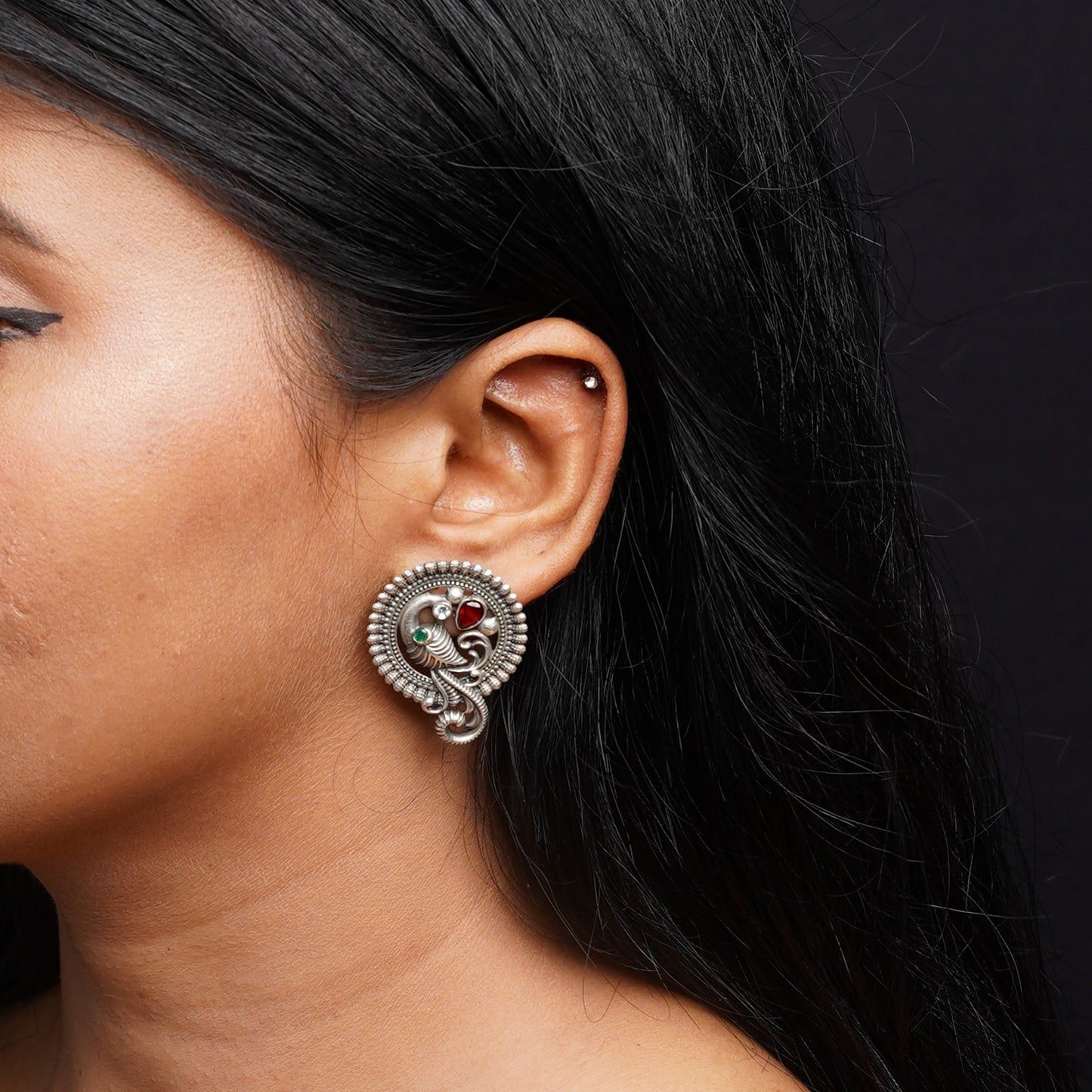 MorRatna- Silver Brass Stone-Studded Stud Earrings(Red)