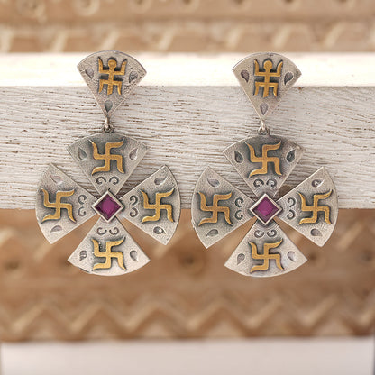 Swastik- Silver Brass Stone studded dangler earrings