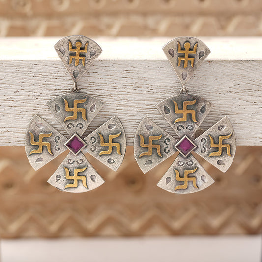 Swastik- Silver Brass Stone studded dangler earrings