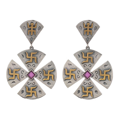 Swastik- Silver Brass Stone studded dangler earrings
