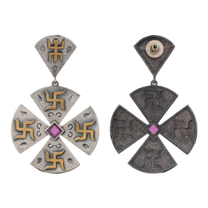 Swastik- Silver Brass Stone studded dangler earrings