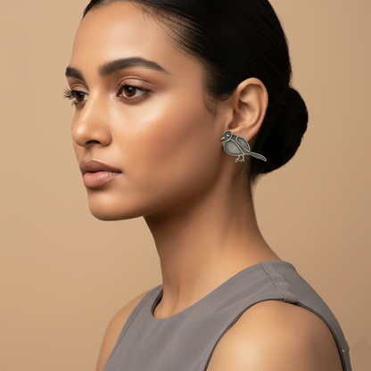 Panchi- Silver Brass oxidised stud earrings