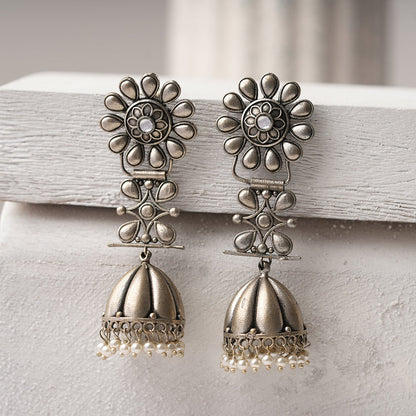 RajRatna- Silver Brass Oxidised Jhumka earrings