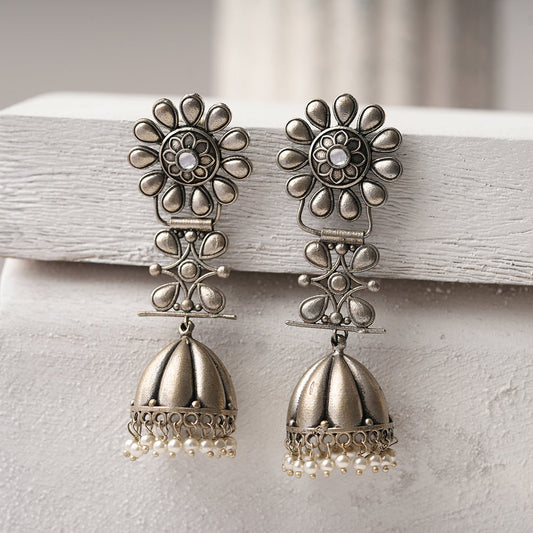 RajRatna- Silver Brass Oxidised Jhumka earrings