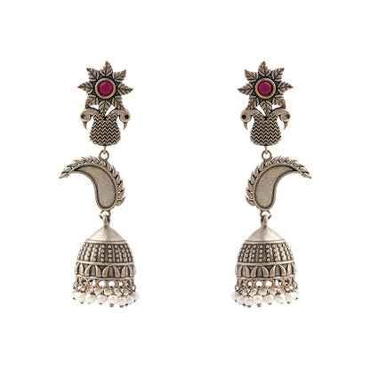 MorPushp- Silver Brass Oxidised Jhumka earrings