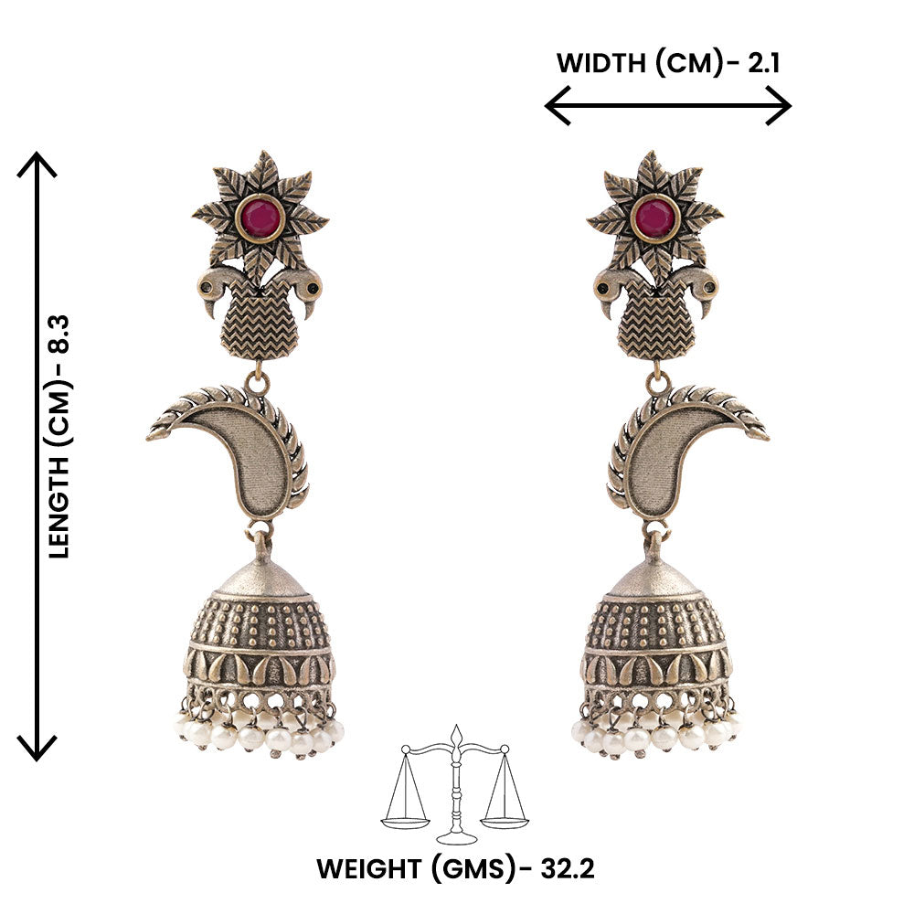 MorPushp- Silver Brass Oxidised Jhumka earrings
