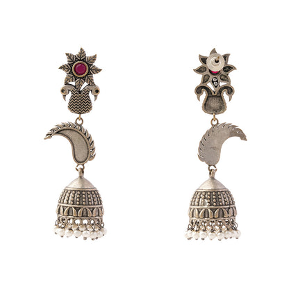 MorPushp- Silver Brass Oxidised Jhumka earrings