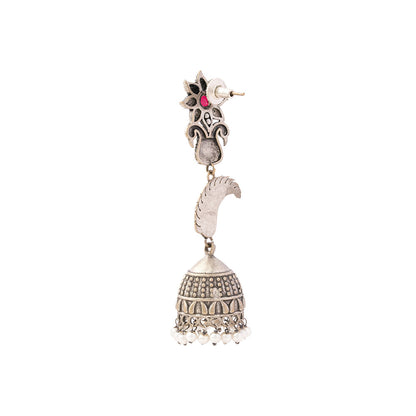 MorPushp- Silver Brass Oxidised Jhumka earrings