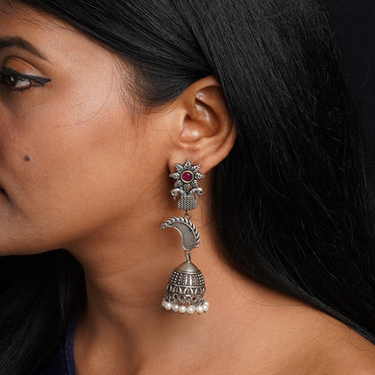 MorPushp- Silver Brass Oxidised Jhumka earrings