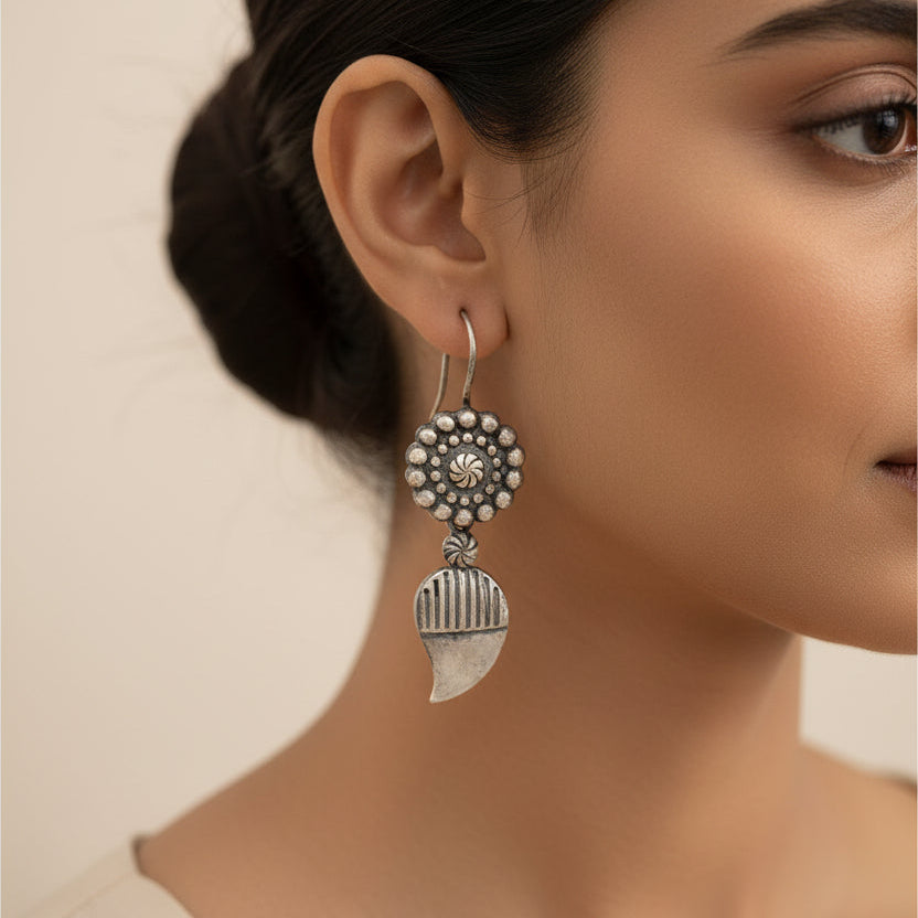 PushpKairi- Silver Brass Oxidised dangler earrings