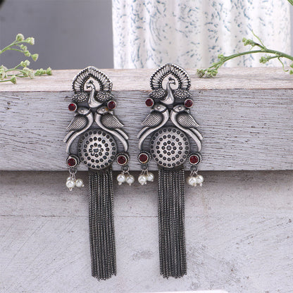 Jhalar- Silver Brass Oxidised dangler earrings(Red)