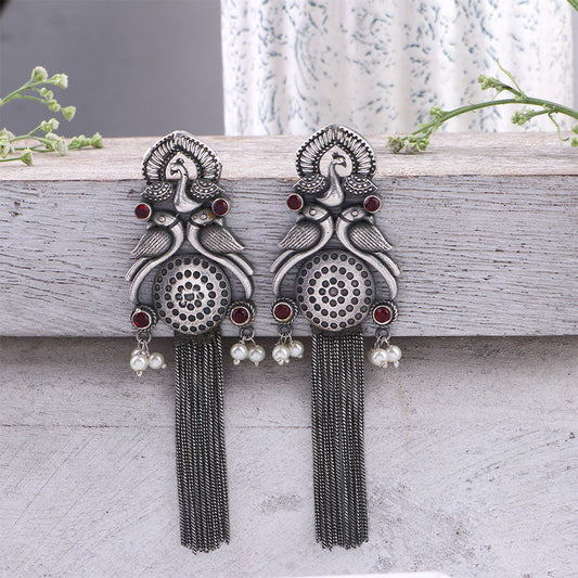 Jhalar- Silver Brass Oxidised dangler earrings(Red)