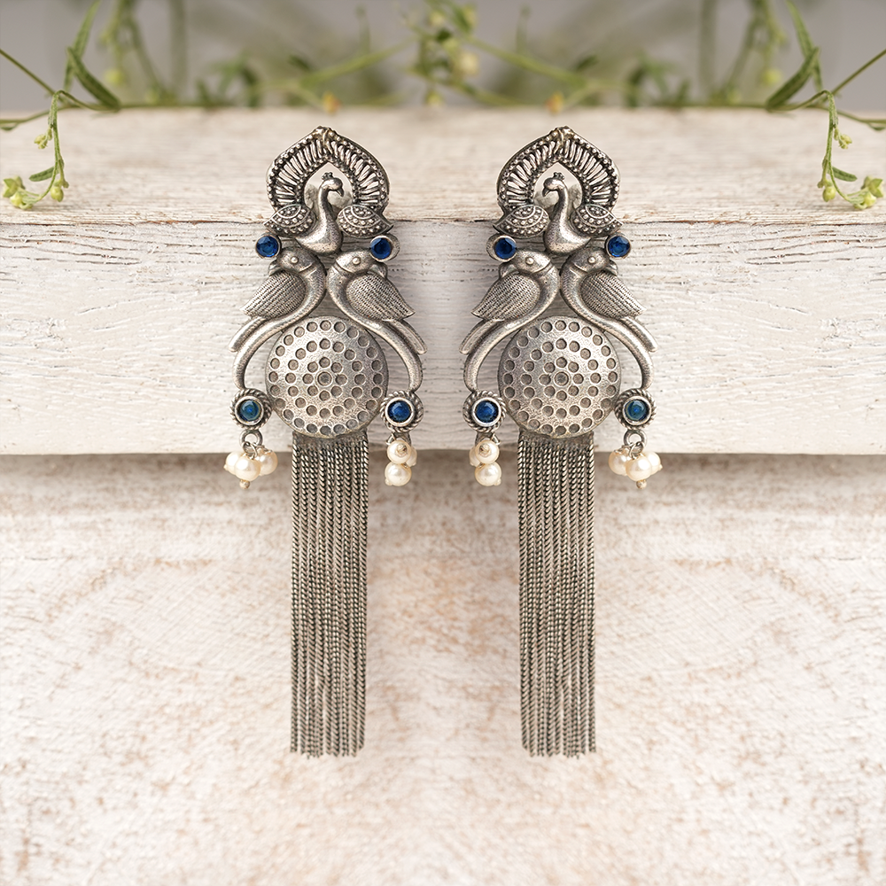 Jhalar- Silver Brass Oxidised dangler earrings(Green)