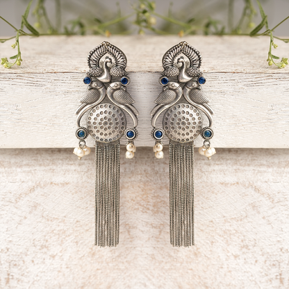 Jhalar- Silver Brass Oxidised dangler earrings(Green)