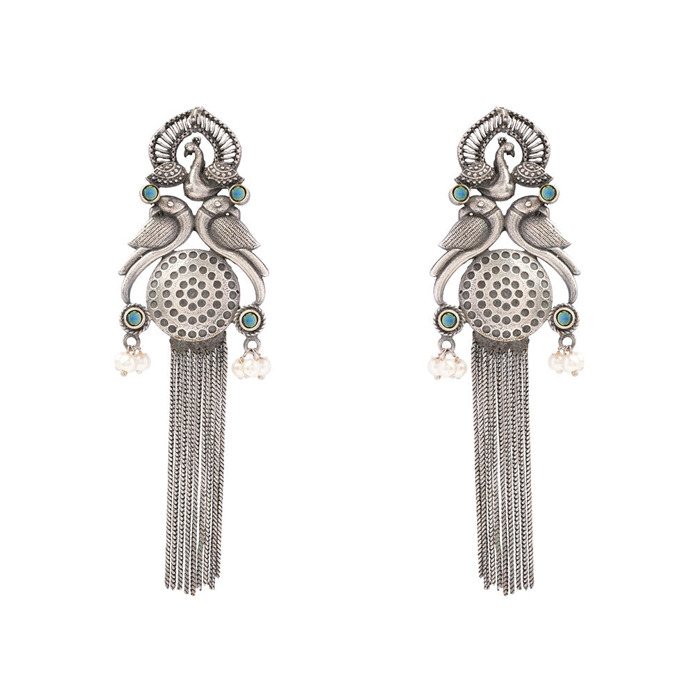 Jhalar- Silver Brass Oxidised dangler earrings(Green)