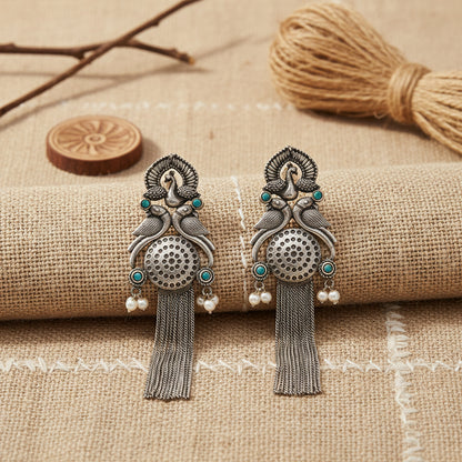 Jhalar- Silver Brass Oxidised dangler earrings(Green)