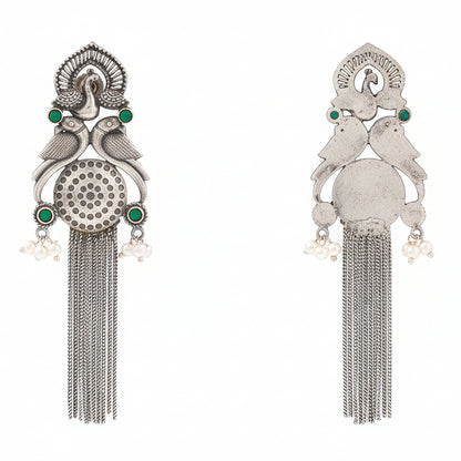 Jhalar- Silver Brass Oxidised dangler earrings(Green)