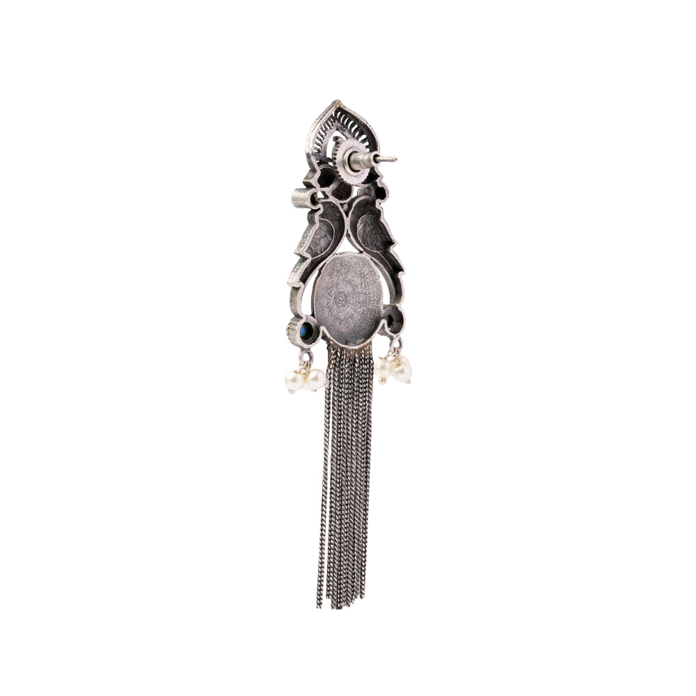 Jhalar- Silver Brass Oxidised dangler earrings(Green)