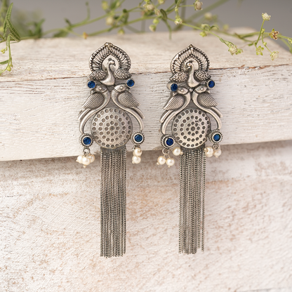 Jhalar- Silver Brass Oxidised dangler earrings(Green)