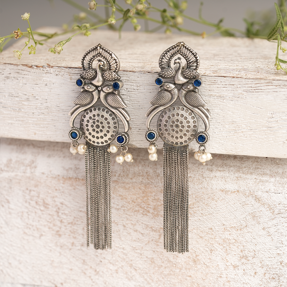 Jhalar- Silver Brass Oxidised dangler earrings(Green)
