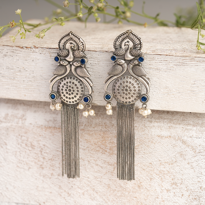 Jhalar- Silver Brass Oxidised dangler earrings(Green)