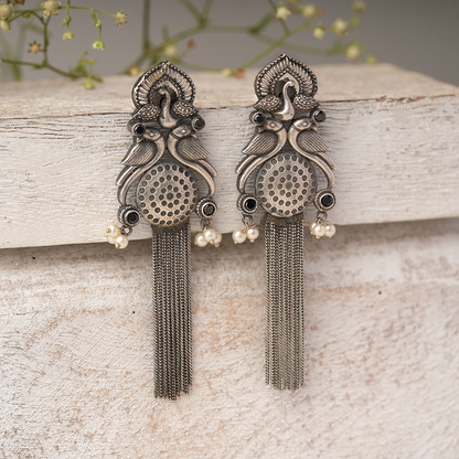 Jhalar- Silver Brass Oxidised dangler earrings(Black)