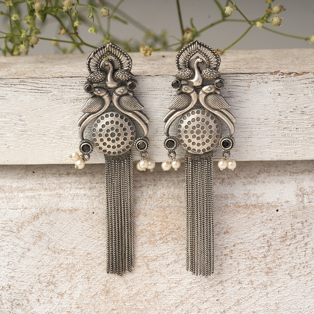 Jhalar- Silver Brass Oxidised dangler earrings(Black)