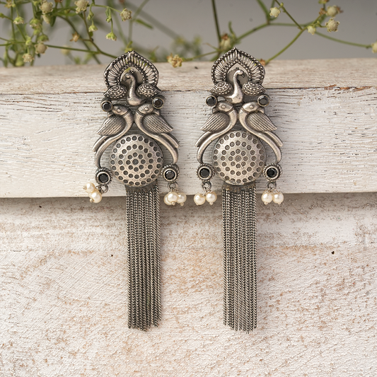 Jhalar- Silver Brass Oxidised dangler earrings(Black)