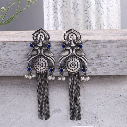 Jhalar- Silver Brass Oxidised dangler earrings(Blue)