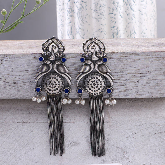 Jhalar- Silver Brass Oxidised dangler earrings(Blue)