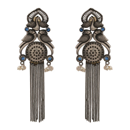 Jhalar- Silver Brass Oxidised dangler earrings(Blue)