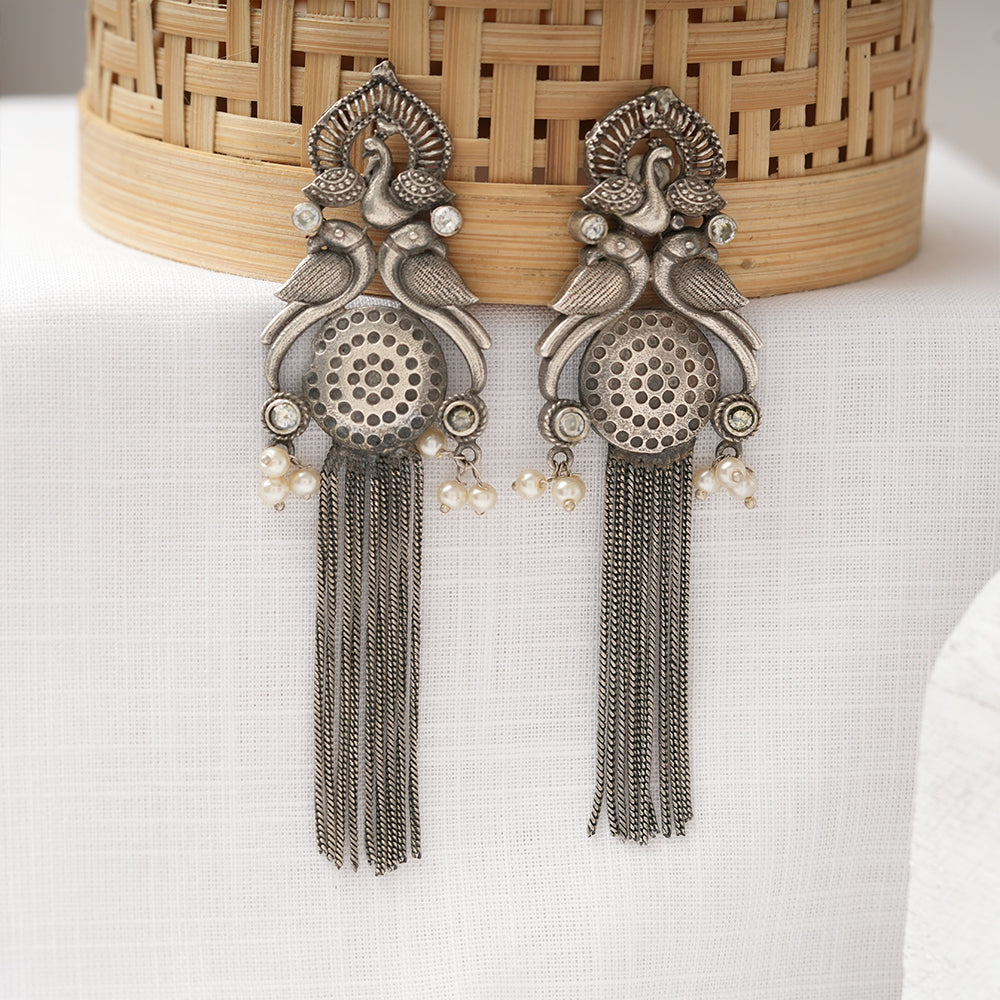 Jhalar- Silver Brass Oxidised dangler earrings(White)