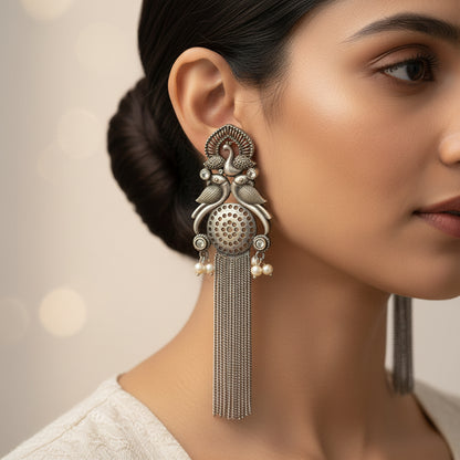Jhalar- Silver Brass Oxidised dangler earrings(White)