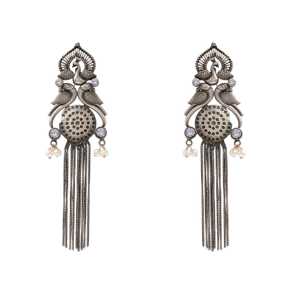 Jhalar- Silver Brass Oxidised dangler earrings(White)