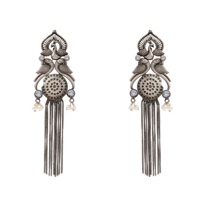 Jhalar- Silver Brass Oxidised dangler earrings(White)