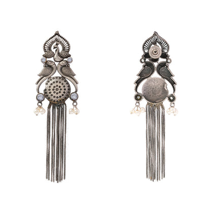 Jhalar- Silver Brass Oxidised dangler earrings(White)