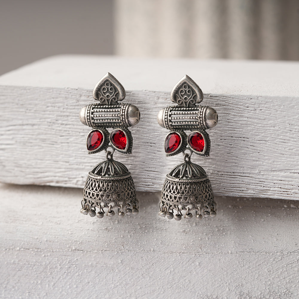 Taal- Silver Brass Oxidised jhumka earrings(Red)