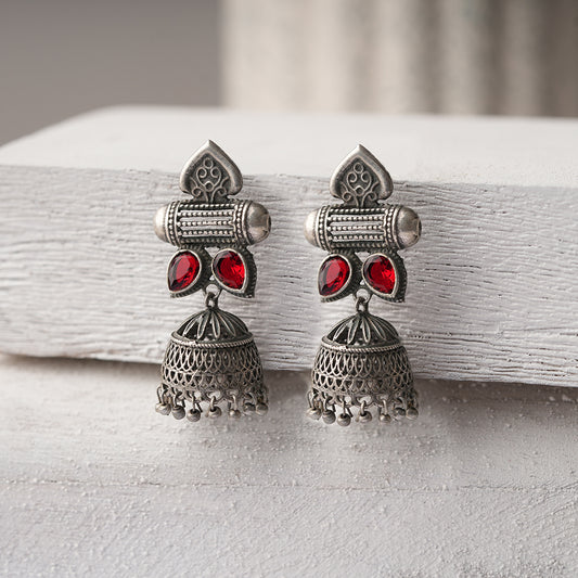 Taal- Silver Brass Oxidised jhumka earrings(Red)