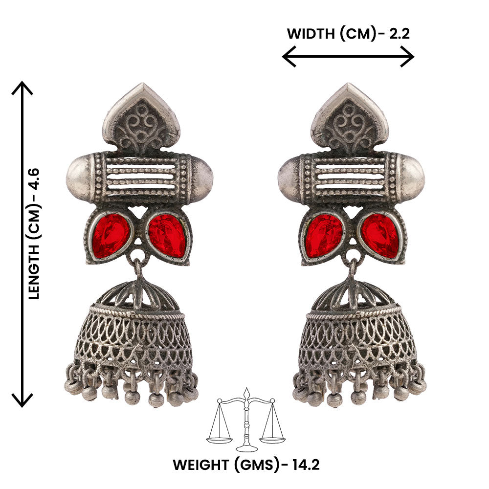 Taal- Silver Brass Oxidised jhumka earrings(Red)