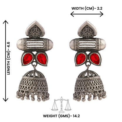 Taal- Silver Brass Oxidised jhumka earrings(Red)