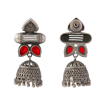 Taal- Silver Brass Oxidised jhumka earrings(Red)