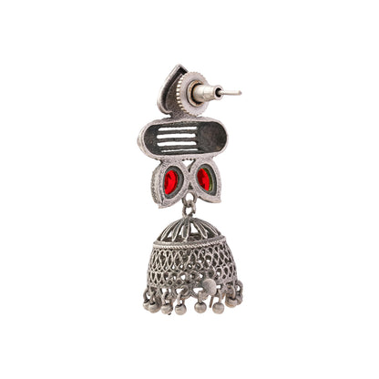 Taal- Silver Brass Oxidised jhumka earrings(Red)