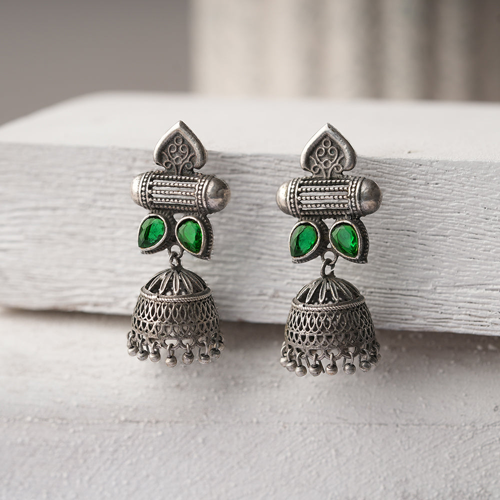 Taal- Silver Brass Oxidised jhumka earrings(Green)