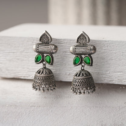 Taal- Silver Brass Oxidised jhumka earrings(Green)