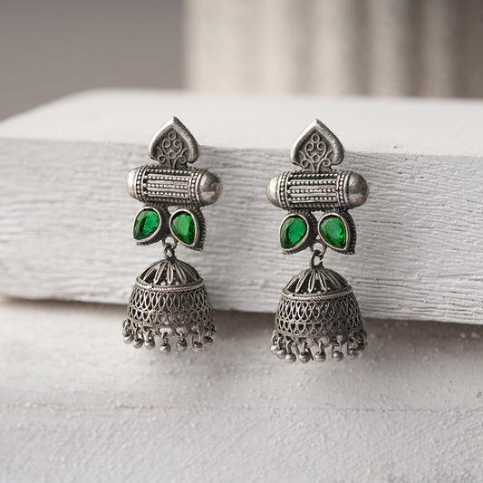 Taal- Silver Brass Oxidised jhumka earrings(Green)