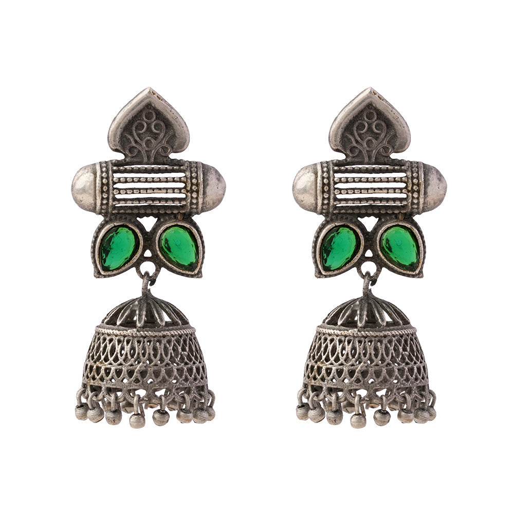 Taal- Silver Brass Oxidised jhumka earrings(Green)